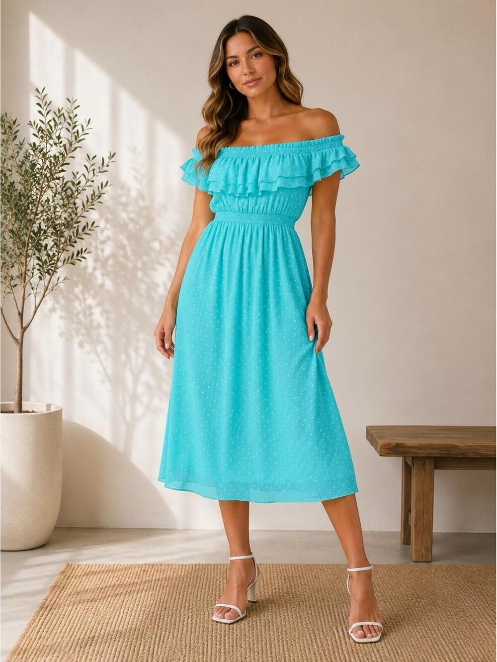 Torrid NWT Aqua Blue Swiss Dot Off Shoulder Midi‎ Dress Plus Size 14/16